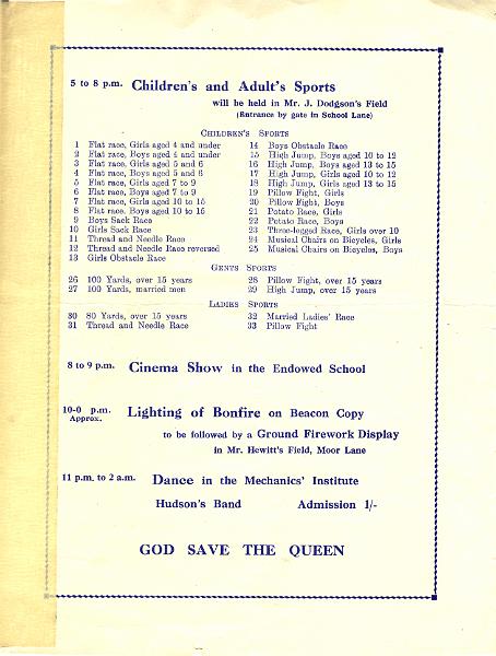 Coronation Prog 1953 p3.JPG - Celebrations  for the Coronation of Queen Elizabeth II  - June 2nd  1953      Sports, Cinema Show, Bonfire and Dance.  